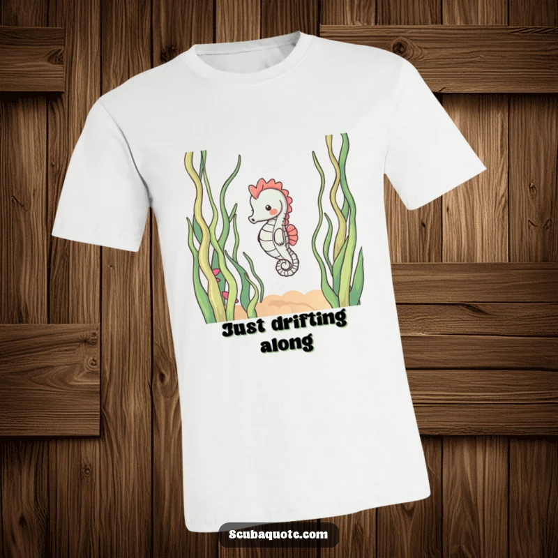 Funny T-shirt featuring a content seahorse gently floating amongst whimsical, swaying seaweed strands, radiating a peaceful and relaxed aura.