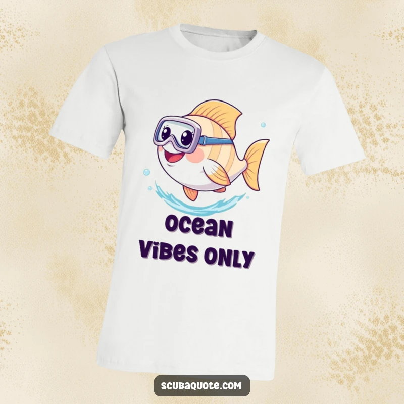 Funny t-shirt with a cheerful fish in a diving mask kicking its tail with gusto, swimming blissfully through blue water.