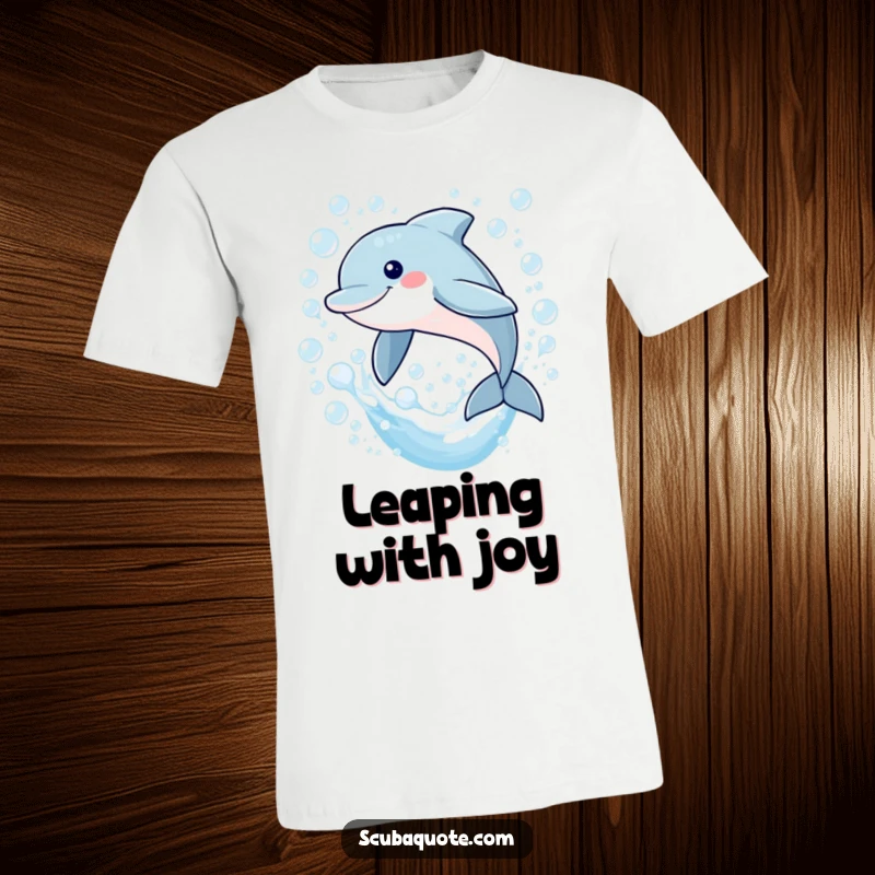 Funny t-shirt with a smiling dolphin elegantly leaping through a shower of iridescent bubbles, capturing a moment of pure aquatic bliss.