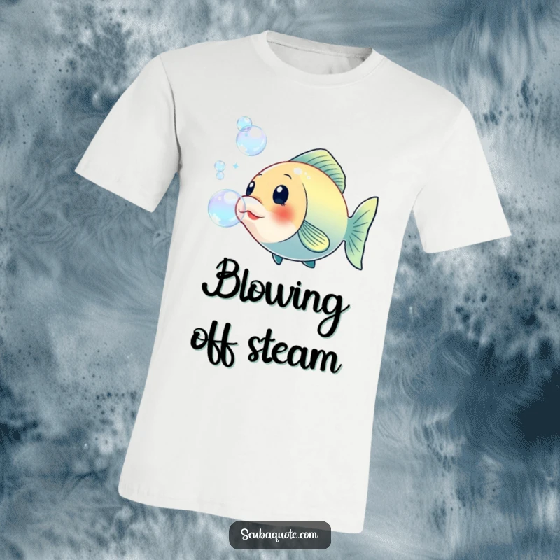 Funny t-shirt with a happy fish playfully blowing a trail of large, shimmering bubbles, perfect for a whimsical and lighthearted look.