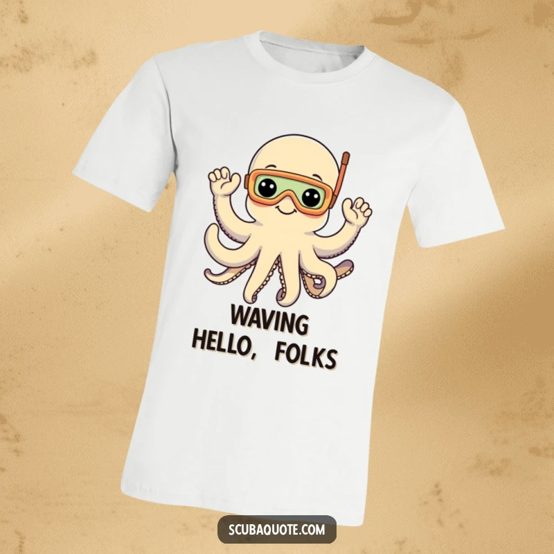 Funny t-shirt featuring a happy octopus in a snorkel mask waving enthusiastically with all eight arms, embodying ocean joy.