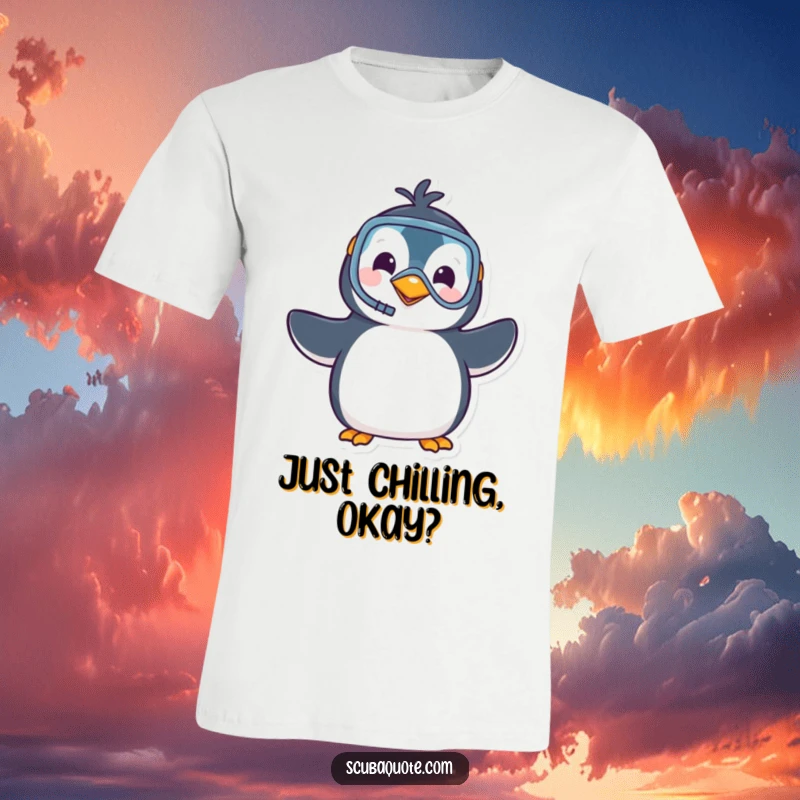 Funny t-shirt with a cute penguin sporting a miniature snorkel and mask, waving hello with a joyful, adventurous spirit.