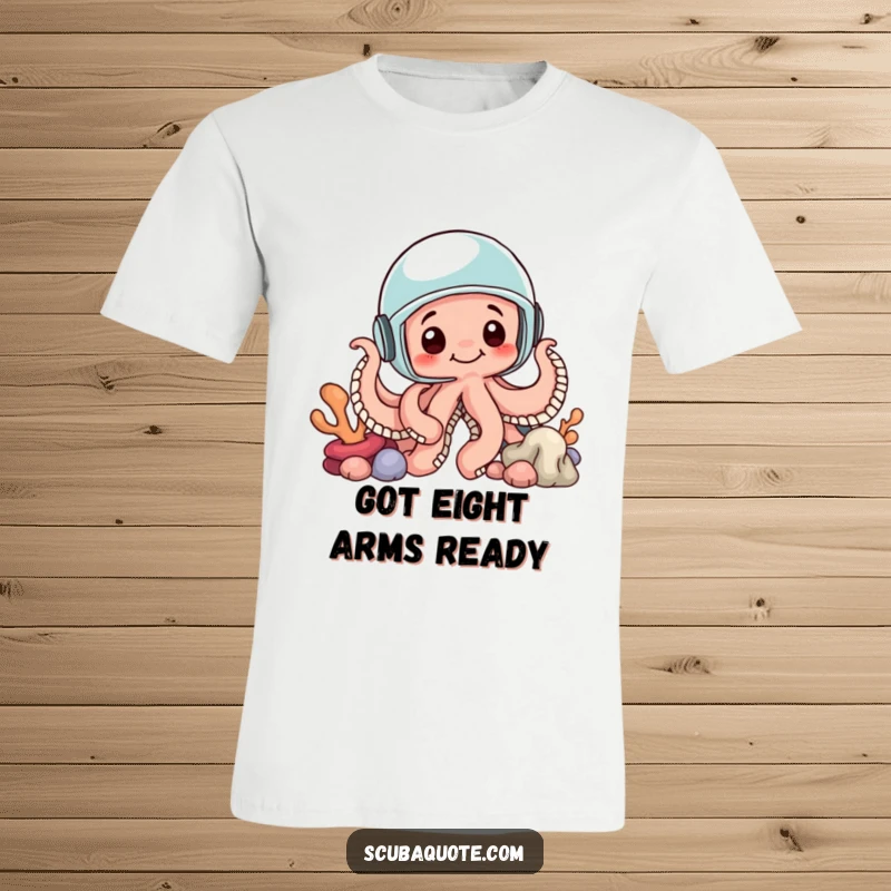 Funny t-shirt showcasing a curious octopus sporting a helmet, peeking from coral, perfect for ocean lovers and adventure seekers.