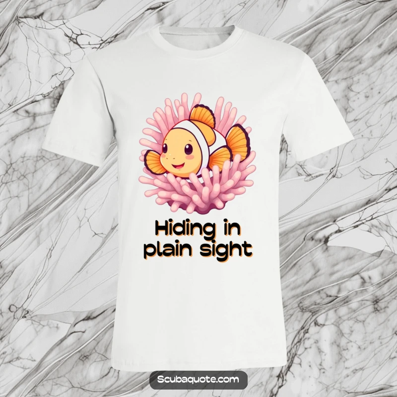 Funny t-shirt showcasing a smiling clownfish peeking out from its anemone, exuding a playful and friendly ocean personality.