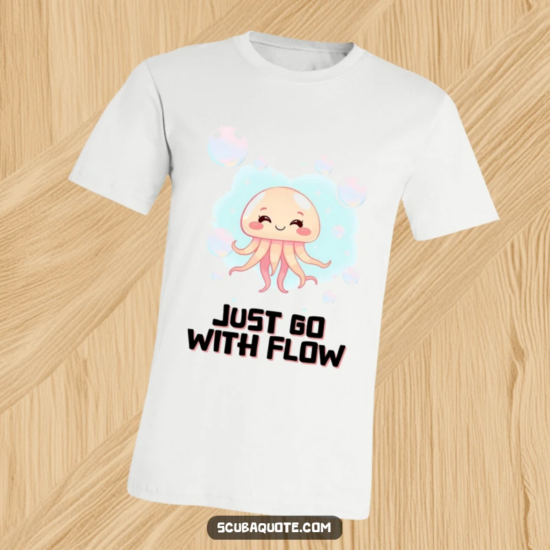Funny jellyfish t-shirt featuring a giggling jellyfish floating among shimmering bubbles, ideal for casual fun.