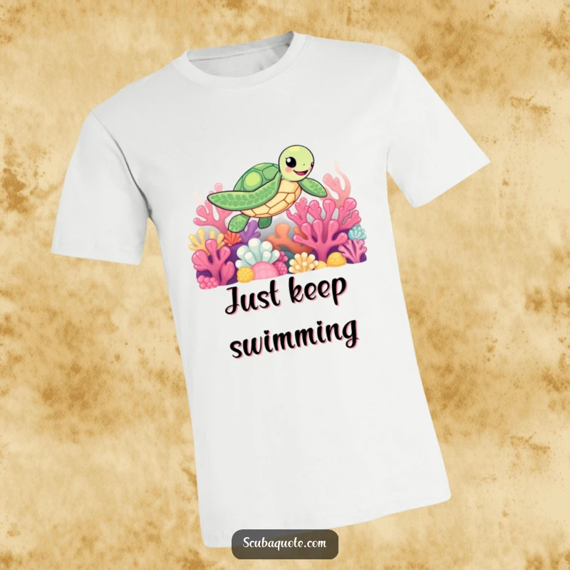 Funny T-shirt displaying a gleeful sea turtle actively paddling through a bright, vibrant coral reef ecosystem.