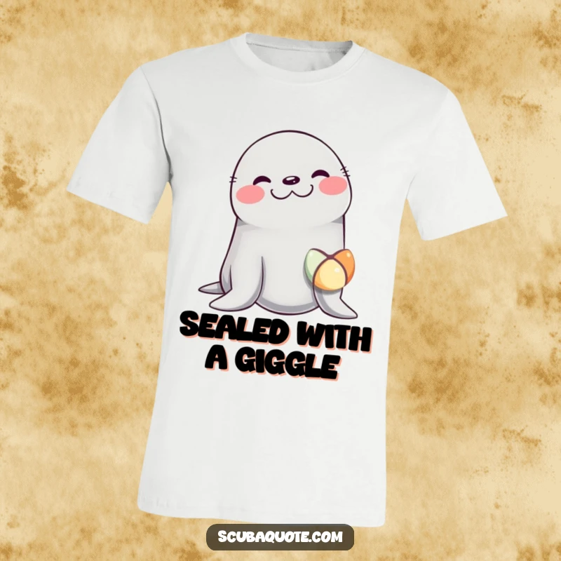 Funny T-shirt with a gleeful seal balancing a vibrant ball on its nose, captured in a moment of pure, contagious laughter.
