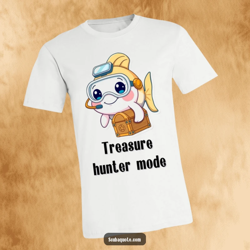 Funny t-shirt featuring a smiling fish character wearing a diving mask and holding a treasure chest, suggesting adventure.