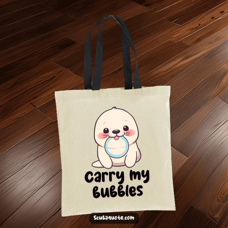 Funny seal tote bag with a cute pup blowing a bubble ring, perfect for carrying essentials with adorable humor.