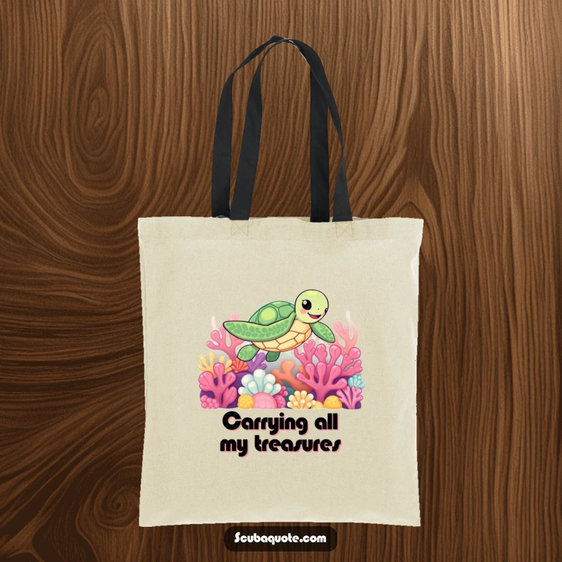 Funny tote bag with a happy sea turtle gracefully swimming through vivid coral, great for beach or shopping.