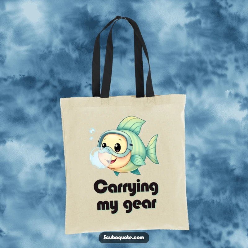 Tote bag featuring a happy fish in a diving mask, blowing a bubble, perfect for carrying essentials with aquatic flair.