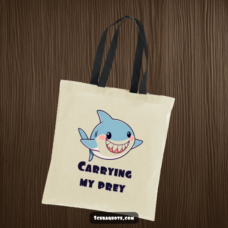 Funny tote bag with a playful shark doing an underwater somersault with a friendly grin, ideal for beach trips and ocean lovers.