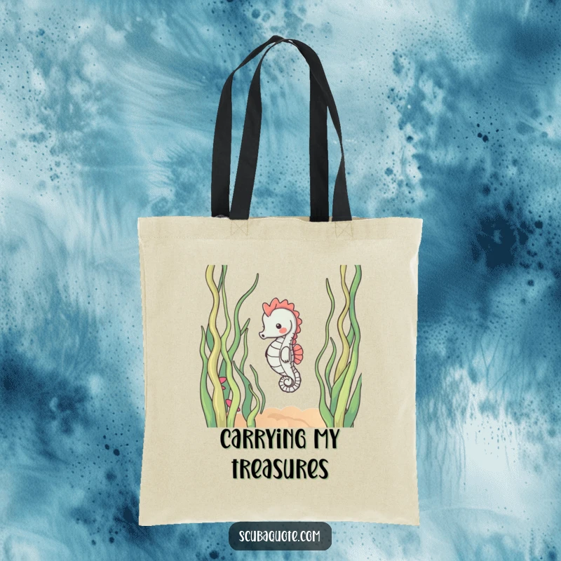Funny tote bag featuring a content seahorse gracefully drifting amongst lush, swaying seaweed strands, ideal for carrying your treasures.