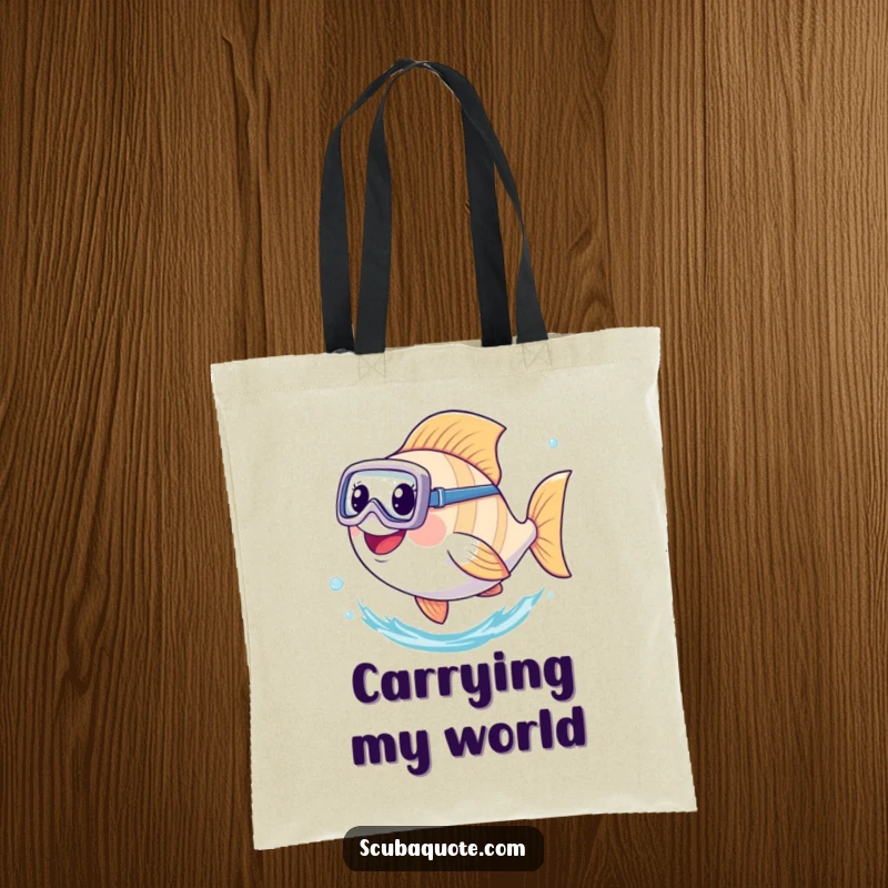 Funny tote bag showcasing a happy fish wearing a diving mask, actively kicking its tail while swimming in the ocean.