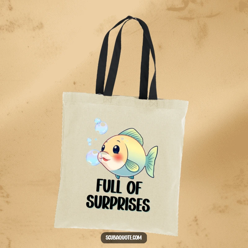 Funny tote bag featuring a happy fish blowing large, iridescent bubbles, ideal for carrying daily essentials with a cheerful, bubbly vibe.