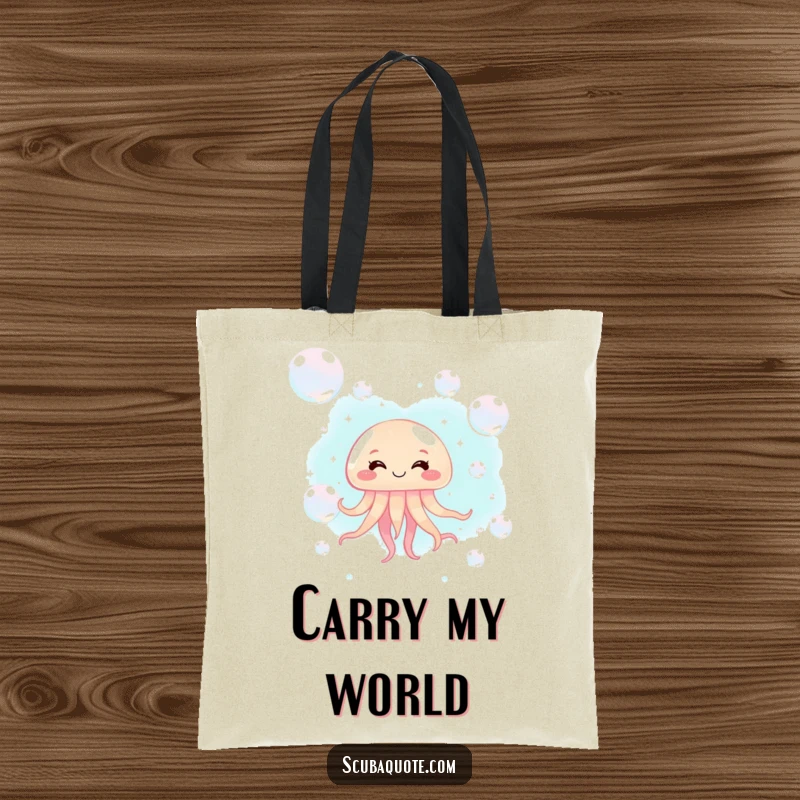 Funny jellyfish tote bag with a giggling jellyfish floating among shimmering bubbles, great for carrying essentials.
