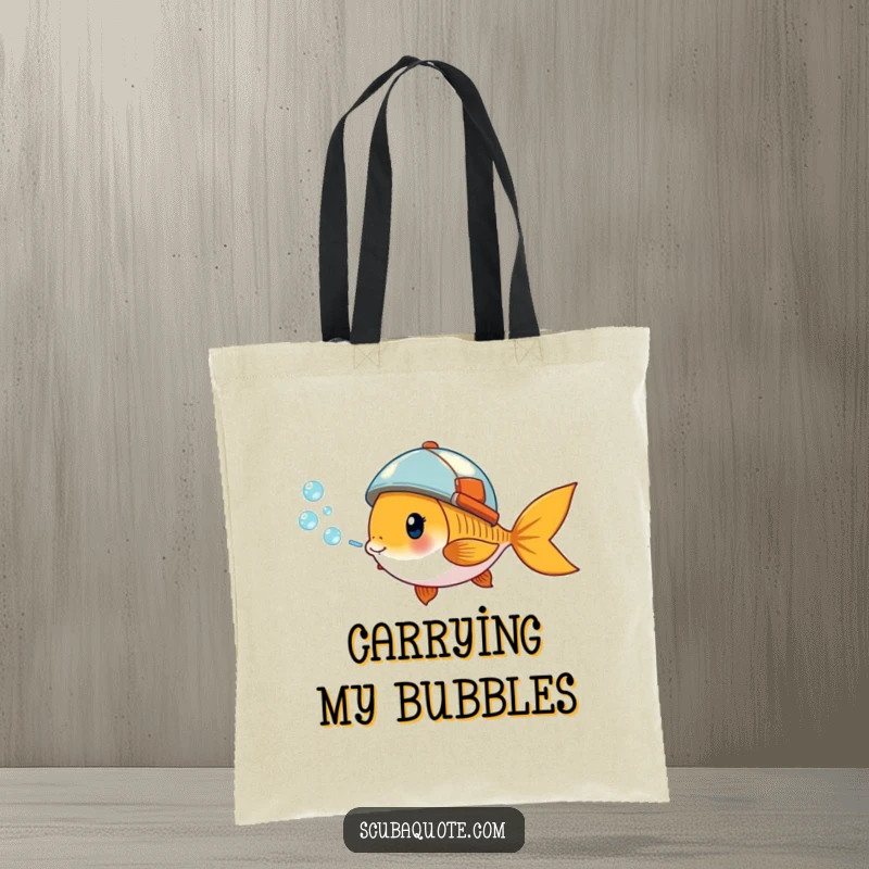 Funny tote bag with a giddy goldfish in a small helmet blowing a stream of bubbles, ideal for carrying essentials with humor.