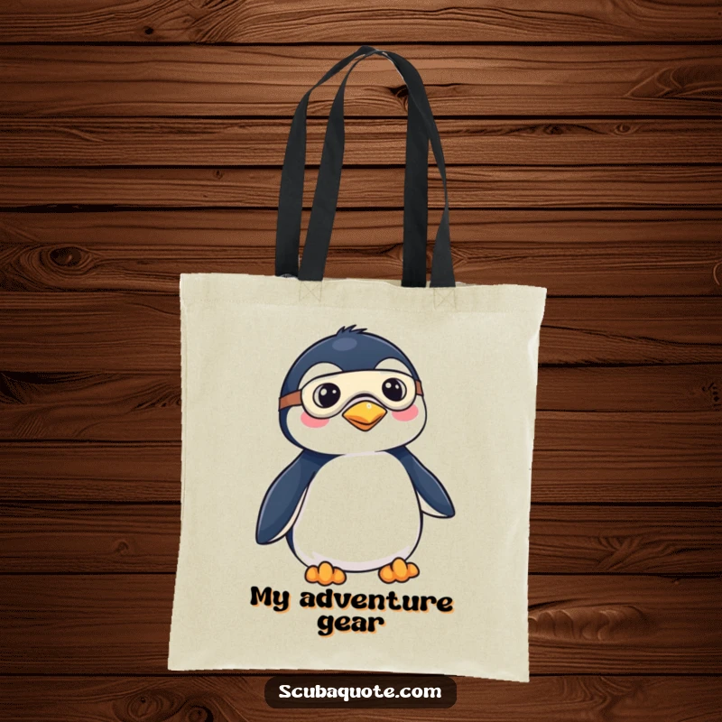 Funny tote bag depicting a penguin in full explorer gear, complete with a mask and fins, ready for exciting expeditions.