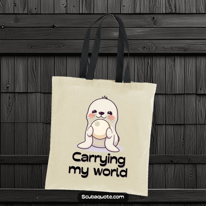 Funny tote bag featuring a playful seal balancing a ball on its nose, great for errands and showcasing a love for performing animals.
