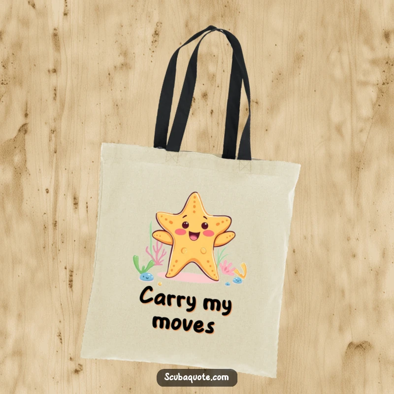 Funny starfish tote bag with a happy dancing starfish on the ocean floor, perfect for carrying beach essentials with humor.