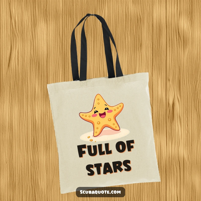 Funny tote bag showing a delighted starfish doing a happy wiggle dance on the sandy ocean floor.