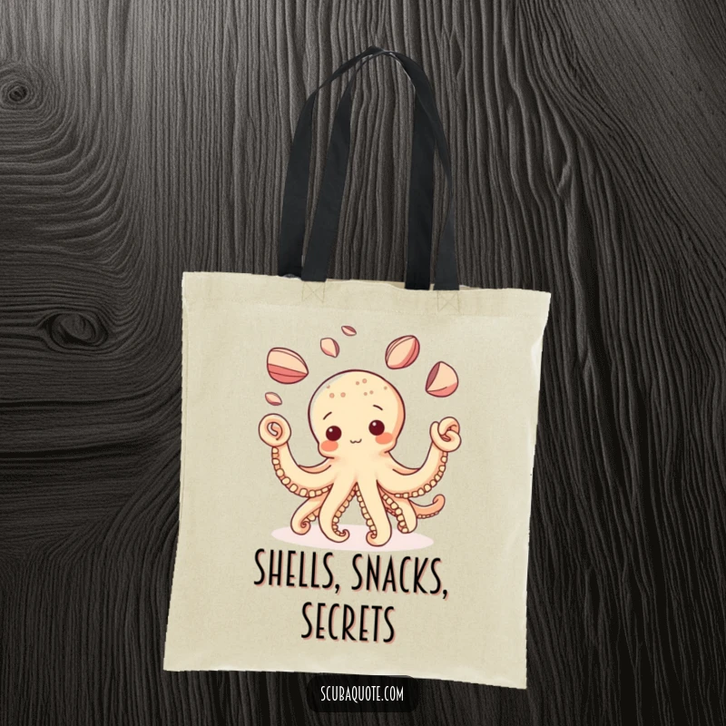 Funny Octopus Tote Bag: A curious octopus is captured in mid-air juggling several shiny shells with impressive skill and playfulness.
